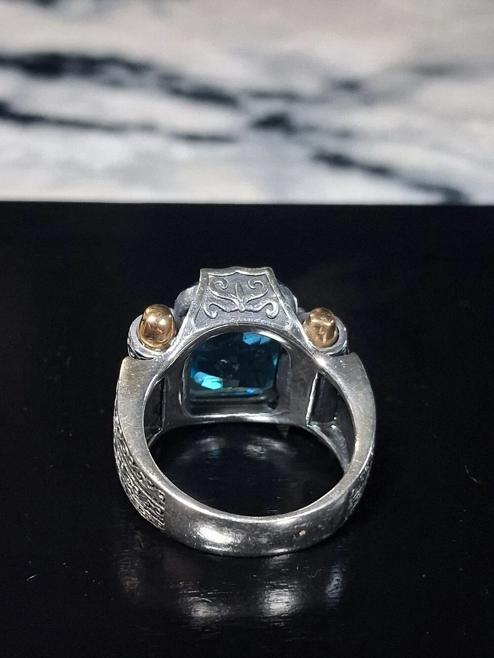 Mixed Metal Blue Gemstone Sterling Silver Ring Unisex 16 Grams Size 9